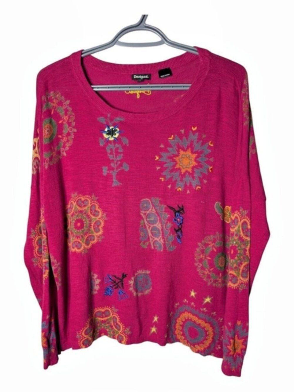Desigual Fuchsia Magenta Mandala Print Long Sleeve Relaxed Knit Top Size Small